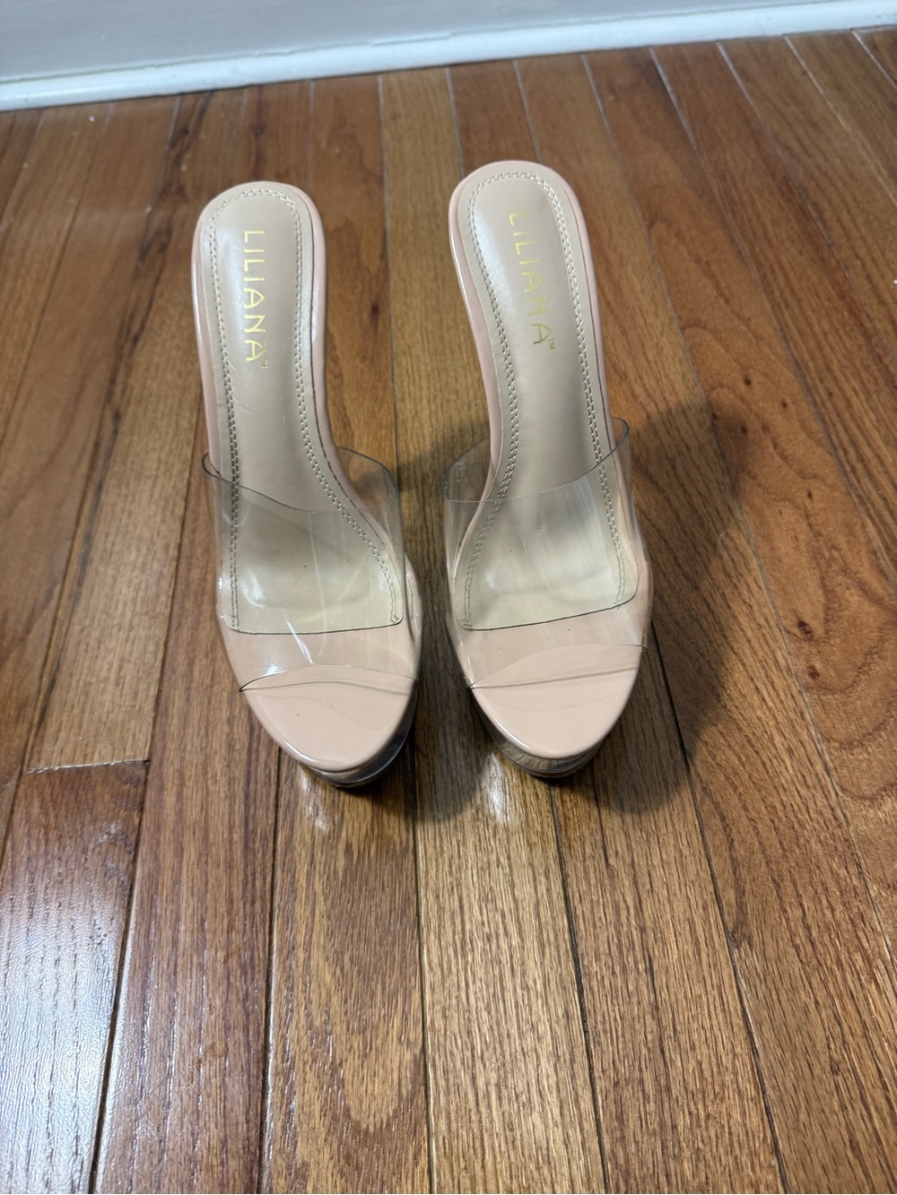 Liliana Nude Clear Strap Platform Slide Heels